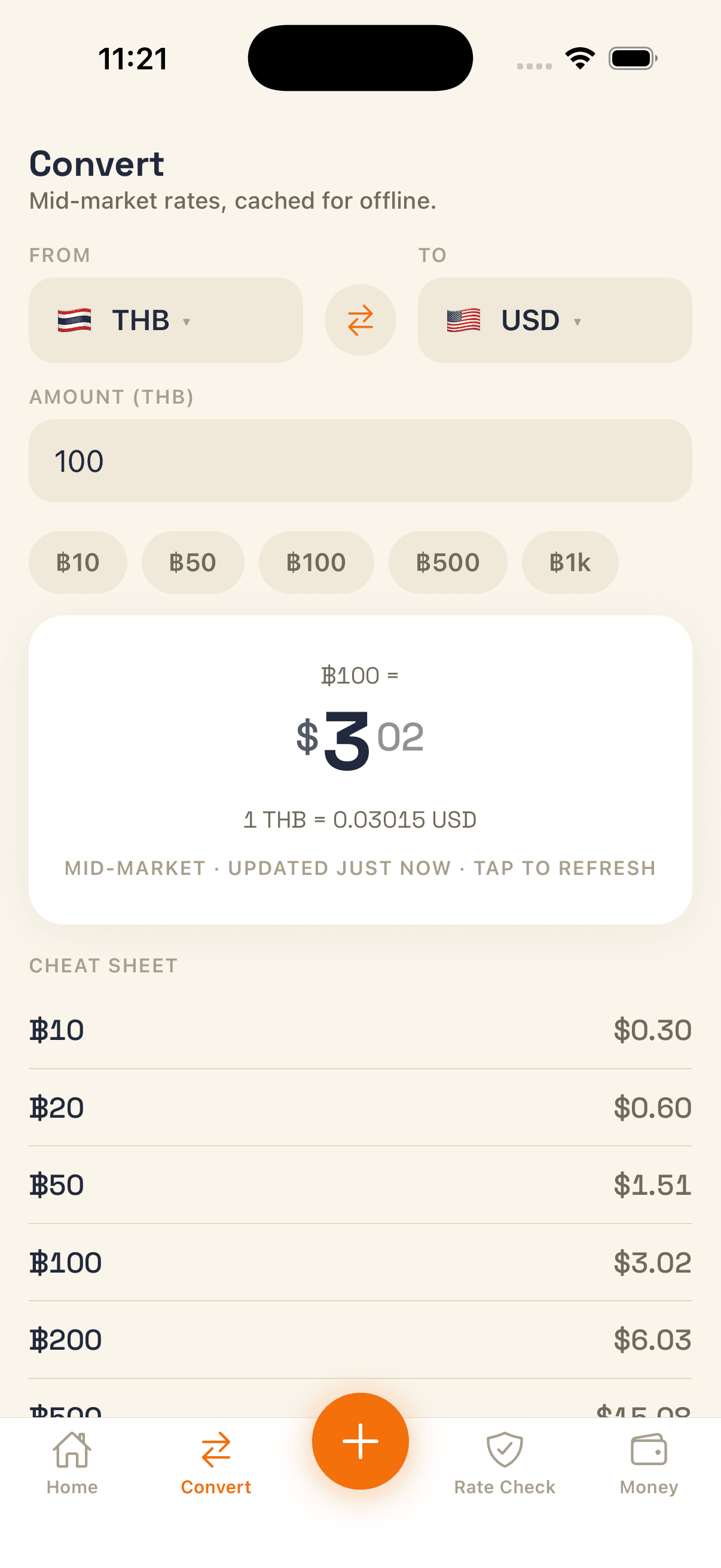 TravelFi Convert screen showing a Thai baht to US dollar conversion and a local price cheat sheet.