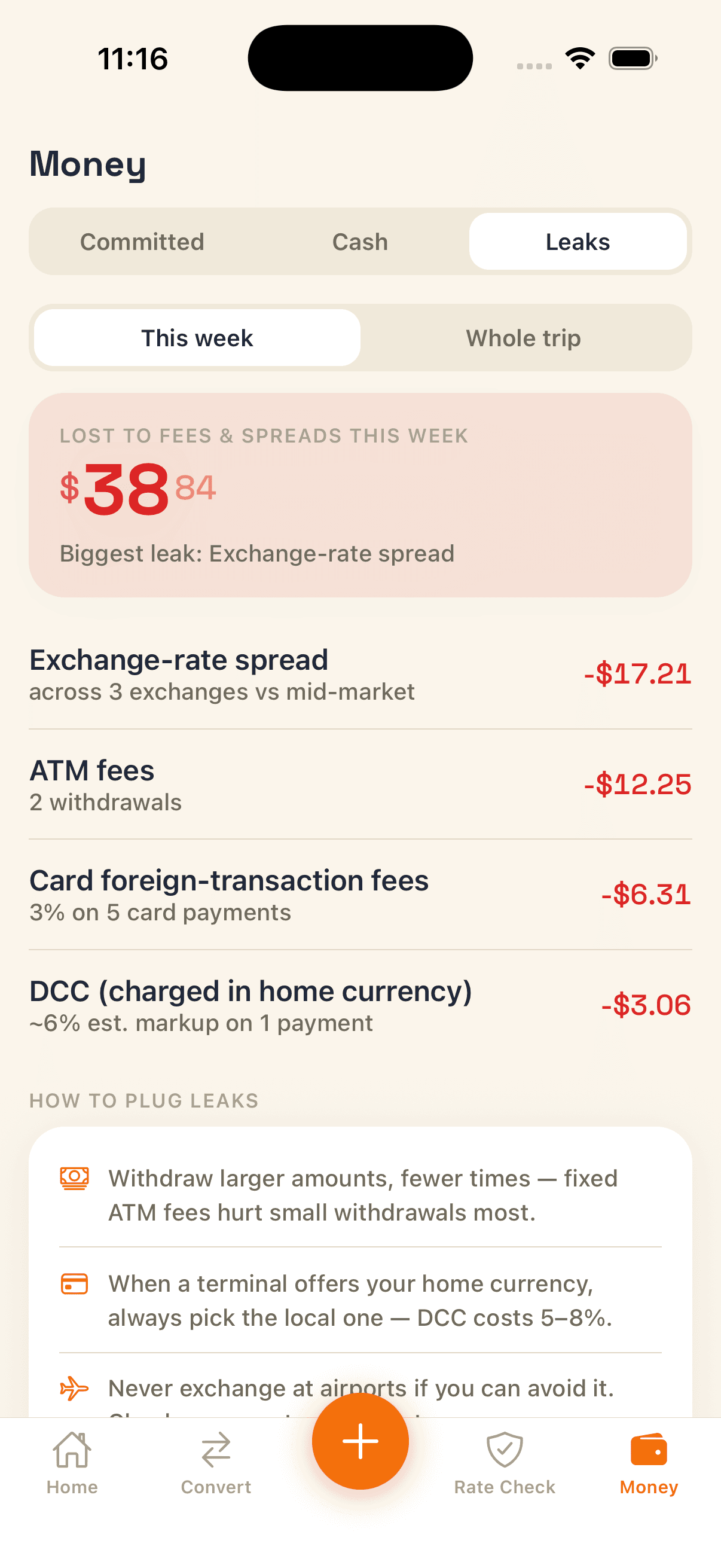 TravelFi leaks screen showing 38 dollars and 84 cents lost to fees and spreads this week.