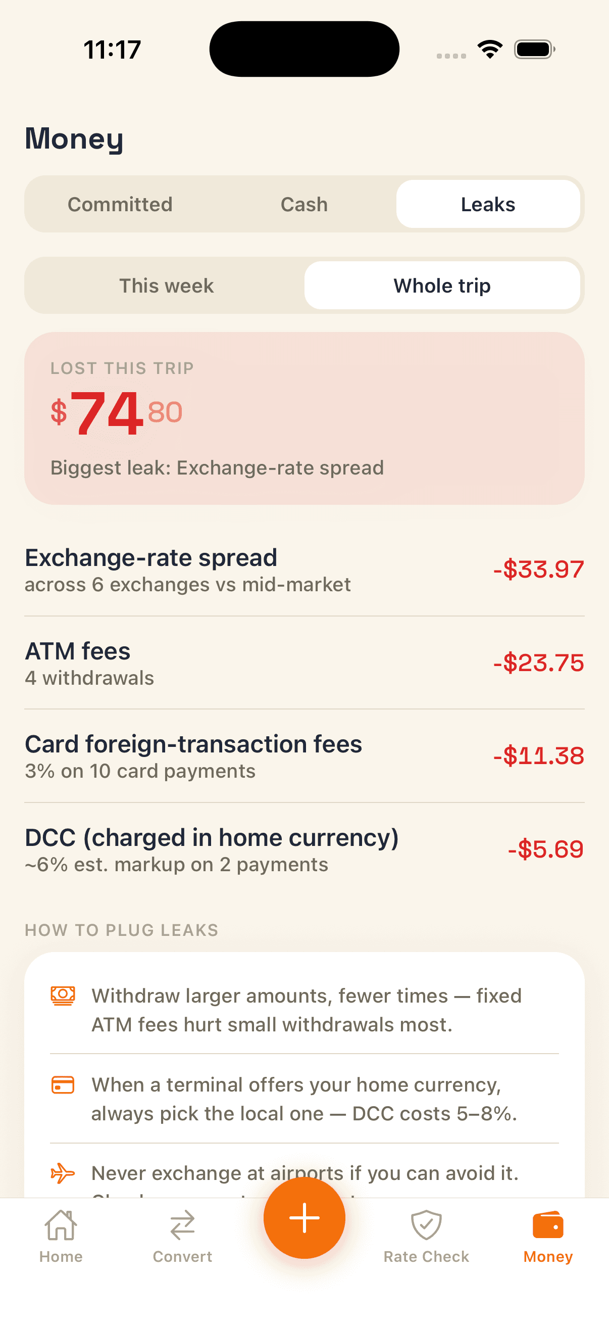 TravelFi leaks screen showing 74 dollars and 80 cents lost across the whole trip.