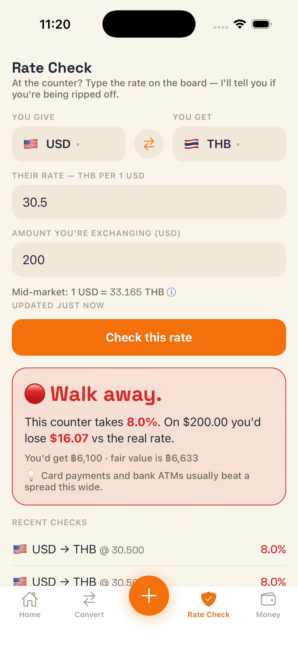 TravelFi Rate Check screen showing a red Walk away verdict for a bad exchange counter rate.